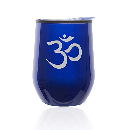 Stemless Wine Tumbler Coffee Travel Mug Glass With Lid Yoga Symbol (Blue)