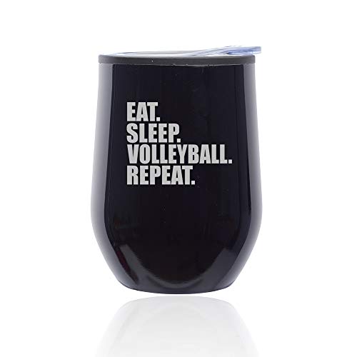 Stemless Wine Tumbler Coffee Travel Mug Glass With Lid Eat Sleep Volleyball Repeat (Midnight Black)