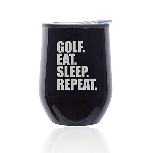 Stemless Wine Tumbler Coffee Travel Mug Glass With Lid Golf Eat Sleep Repeat (Midnight Black)