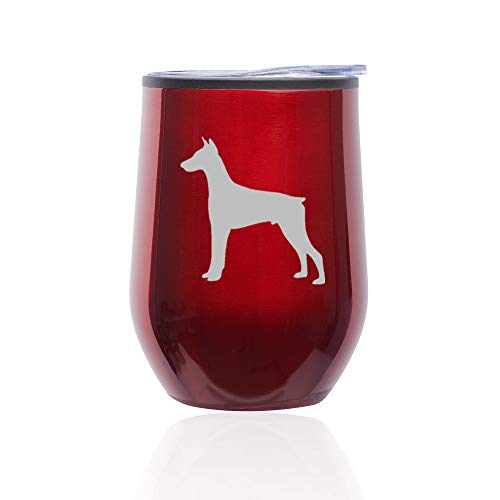 Stemless Wine Tumbler Coffee Travel Mug Glass With Lid Doberman (Red)