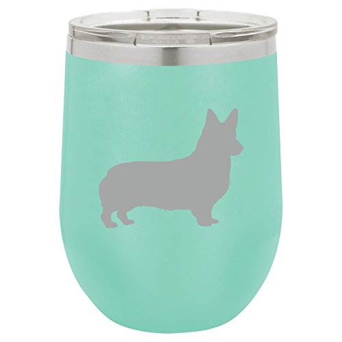 12 oz Double Wall Vacuum Insulated Stainless Steel Stemless Wine Tumbler Glass Coffee Travel Mug With Lid Corgi (Teal)