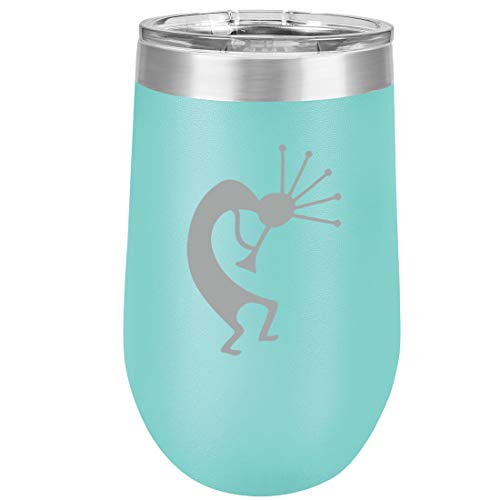 16 oz Double Wall Vacuum Insulated Stainless Steel Stemless Wine Tumbler Glass Coffee Travel Mug With Lid Kokopelli (Teal)
