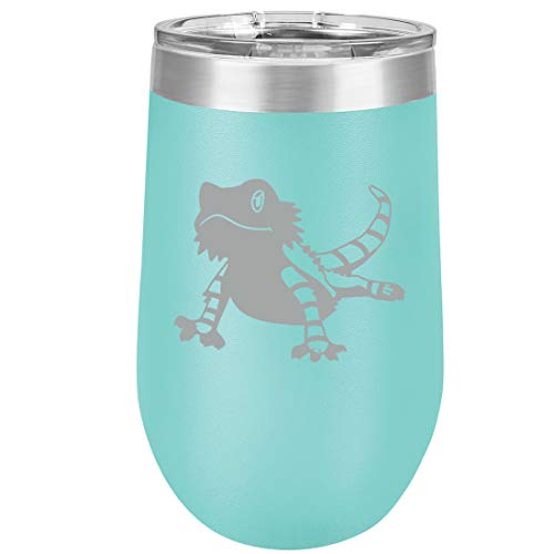 16 oz Double Wall Vacuum Insulated Stainless Steel Stemless Wine Tumbler Glass Coffee Travel Mug With Lid Bearded Dragon Lizard (Teal)