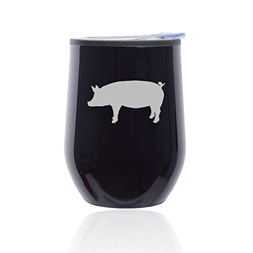 Stemless Wine Tumbler Coffee Travel Mug Glass With Lid Pig (Midnight Black)