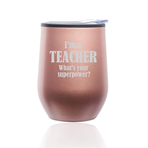 Stemless Wine Tumbler Coffee Travel Mug Glass With Lid Teacher Superpower (Rose Gold)