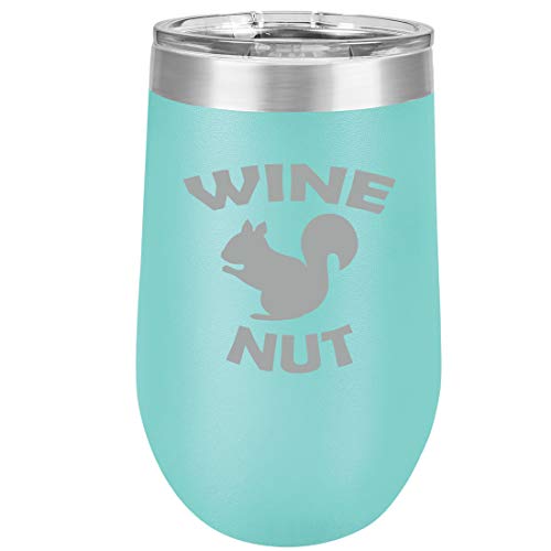 16 oz Double Wall Vacuum Insulated Stainless Steel Stemless Wine Tumbler Glass Coffee Travel Mug With Lid Wine Nut Squirrel Funny (Teal)