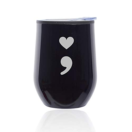 Stemless Wine Tumbler Coffee Travel Mug Glass With Lid Heart Semicolon (Midnight Black)