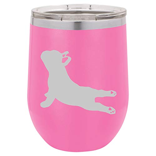 12 oz Double Wall Vacuum Insulated Stainless Steel Stemless Wine Tumbler Glass Coffee Travel Mug With Lid French Bulldog Yoga (Hot-Pink)