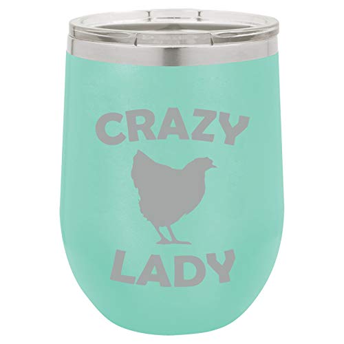 12 oz Double Wall Vacuum Insulated Stainless Steel Stemless Wine Tumbler Glass Coffee Travel Mug With Lid Crazy Chicken Lady (Teal)