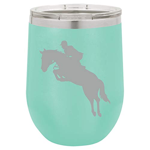 12 oz Double Wall Vacuum Insulated Stainless Steel Stemless Wine Tumbler Glass Coffee Travel Mug With Lid Jockey Horse With Rider (Teal)