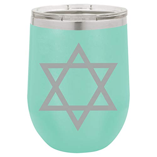 12 oz Double Wall Vacuum Insulated Stainless Steel Stemless Wine Tumbler Glass Coffee Travel Mug With Lid Jewish Star Of David (Teal)