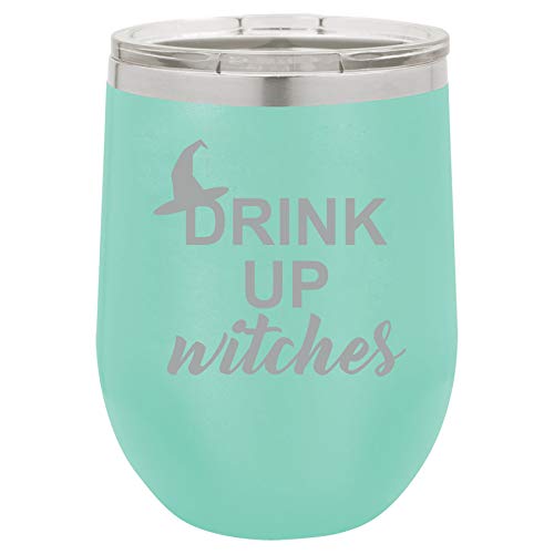 12 oz Double Wall Vacuum Insulated Stainless Steel Stemless Wine Tumbler Glass Coffee Travel Mug With Lid Drink Up Witches Funny Halloween (Teal)