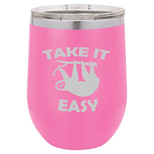12 oz Double Wall Vacuum Insulated Stainless Steel Stemless Wine Tumbler Glass Coffee Travel Mug With Lid Take It Easy Sloth Funny (Hot Pink)