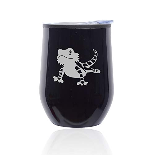 Stemless Wine Tumbler Coffee Travel Mug Glass With Lid Bearded Dragon Lizard (Midnight Black)