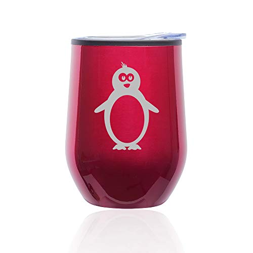 Stemless Wine Tumbler Coffee Travel Mug Glass With Lid Penguin (Fuchsia)