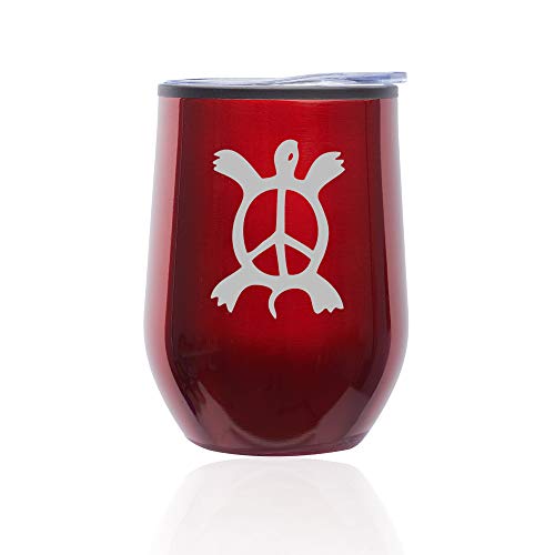 Stemless Wine Tumbler Coffee Travel Mug Glass With Lid Turtle Peace Sign (Red)