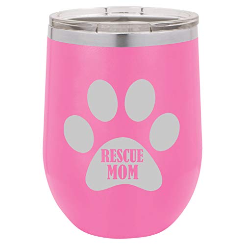 12 oz Double Wall Vacuum Insulated Stainless Steel Stemless Wine Tumbler Glass Coffee Travel Mug With Lid Paw Print Rescue Mom (Hot-Pink)