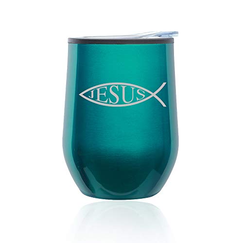 Stemless Wine Tumbler Coffee Travel Mug Glass With Lid Jesus Fish (Turquoise Teal)