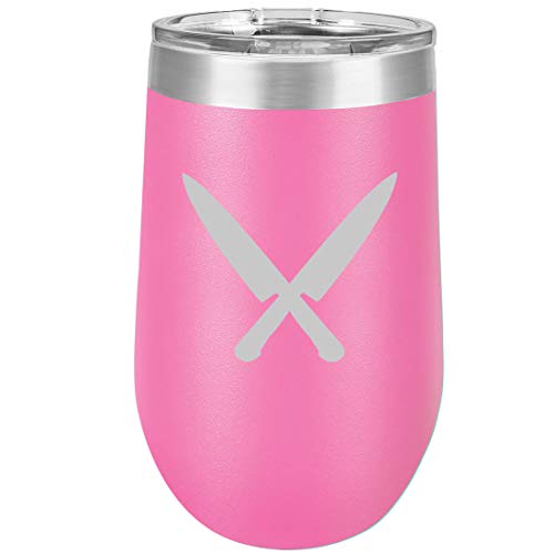 16 oz Double Wall Vacuum Insulated Stainless Steel Stemless Wine Tumbler Glass Coffee Travel Mug With Lid Chef Knives (Hot Pink)