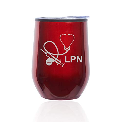 Stemless Wine Tumbler Coffee Travel Mug Glass With Lid Licensed Practical Nurse LPN (Red)