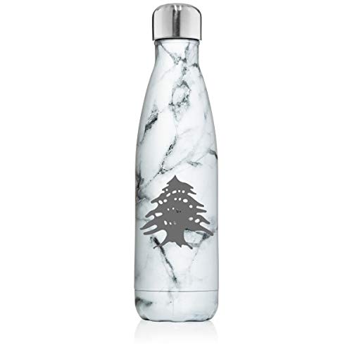 17 oz. Double Wall Vacuum Insulated Stainless Steel Water Bottle Travel Mug Cup Cedar Tree Lebanon Lebanese (Black White Marble)