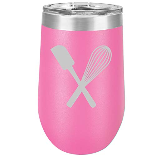 16 oz Double Wall Vacuum Insulated Stainless Steel Stemless Wine Tumbler Glass Coffee Travel Mug With Lid Spatula & Whisk Baking (Hot Pink)