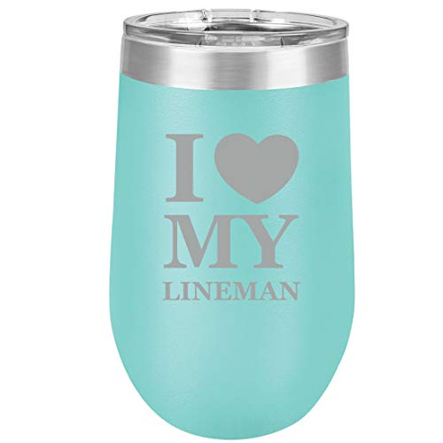 16 oz Double Wall Vacuum Insulated Stainless Steel Stemless Wine Tumbler Glass Coffee Travel Mug With Lid I Love Heart My Lineman (Teal)