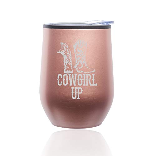 Stemless Wine Tumbler Coffee Travel Mug Glass With Lid Cowgirl Up Boots (Rose Gold)