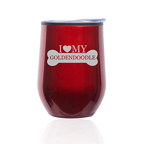 Stemless Wine Tumbler Coffee Travel Mug Glass With Lid I Love My Goldendoodle (Red)