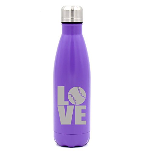 17 oz. Double Wall Vacuum Insulated Stainless Steel Water Bottle Travel Mug Cup Love Baseball Softball (Purple)