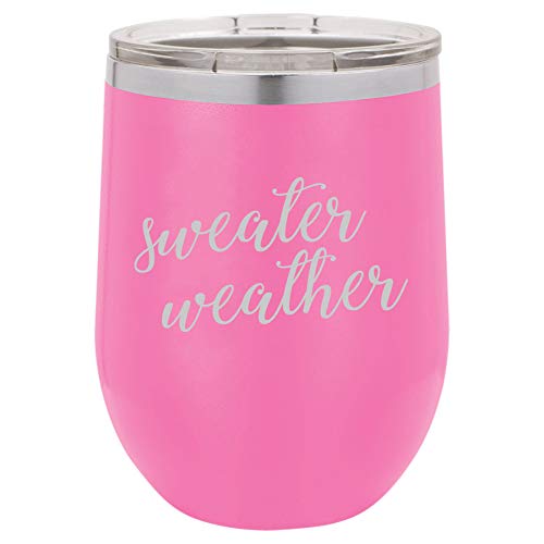 12 oz Double Wall Vacuum Insulated Stainless Steel Stemless Wine Tumbler Glass Coffee Travel Mug With Lid Sweater Weather (Hot Pink)