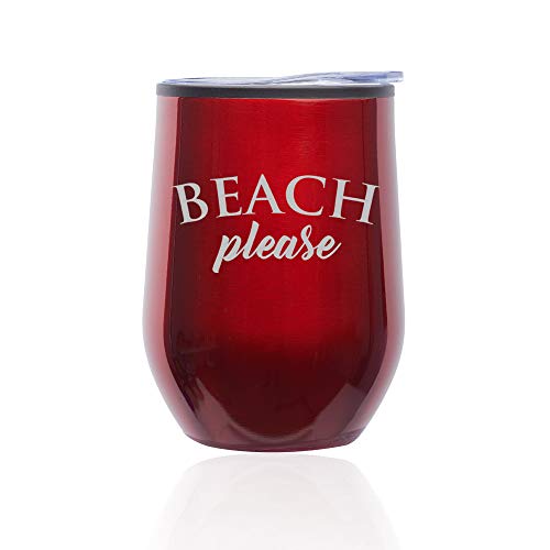 Stemless Wine Tumbler Coffee Travel Mug Glass With Lid Beach Please (Red)