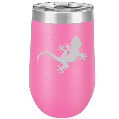 16 oz Double Wall Vacuum Insulated Stainless Steel Stemless Wine Tumbler Glass Coffee Travel Mug With Lid Gecko Lizard (Hot Pink)