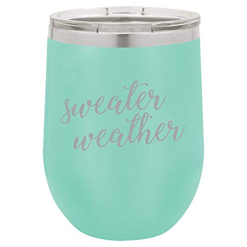 12 oz Double Wall Vacuum Insulated Stainless Steel Stemless Wine Tumbler Glass Coffee Travel Mug With Lid Sweater Weather (Teal)