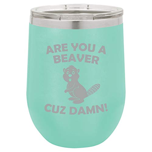 12 oz Double Wall Vacuum Insulated Stainless Steel Stemless Wine Tumbler Glass Coffee Travel Mug With Lid Are You A Beaver Cuz Damn Funny (Teal)