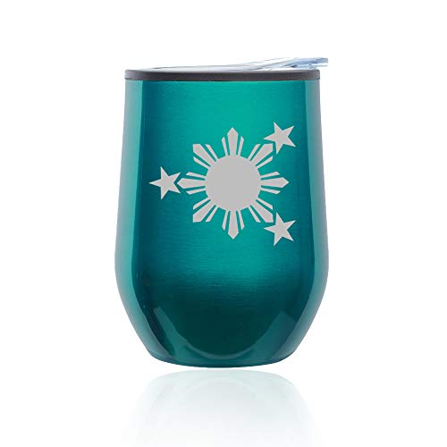 Stemless Wine Tumbler Coffee Travel Mug Glass With Lid Philippines Stars And Sun (Turquoise Teal)