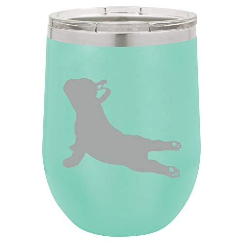 12 oz Double Wall Vacuum Insulated Stainless Steel Stemless Wine Tumbler Glass Coffee Travel Mug With Lid French Bulldog Yoga (Teal)