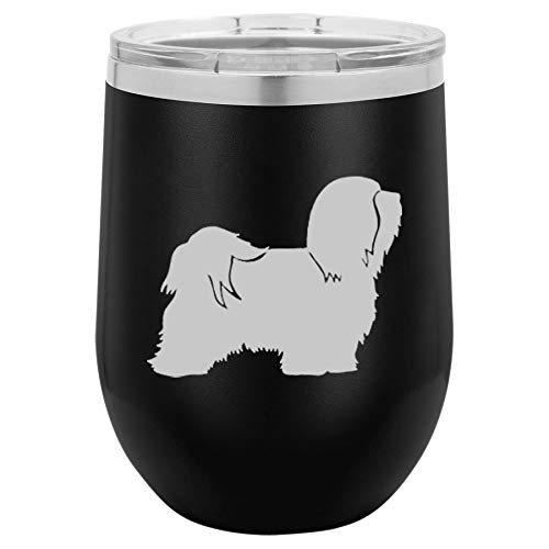 12 oz Double Wall Vacuum Insulated Stainless Steel Stemless Wine Tumbler Glass Coffee Travel Mug With Lid Havanese (Black)