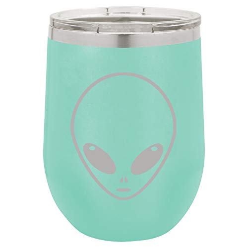 12 oz Double Wall Vacuum Insulated Stainless Steel Stemless Wine Tumbler Glass Coffee Travel Mug With Lid Alien Head (Teal)