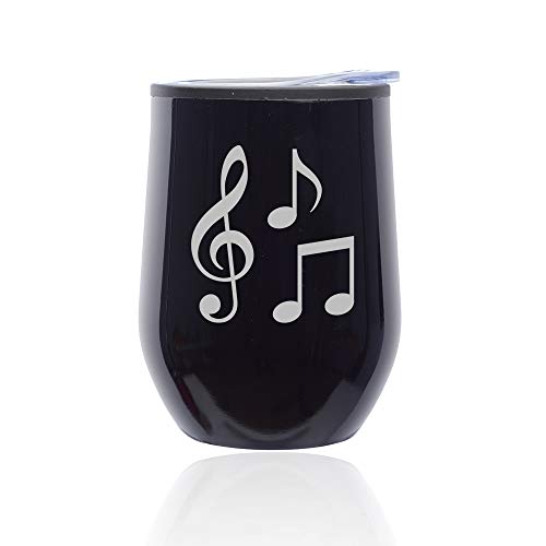 Stemless Wine Tumbler Coffee Travel Mug Glass With Lid Music Notes (Midnight Black)