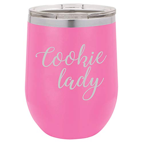 12 oz Double Wall Vacuum Insulated Stainless Steel Stemless Wine Tumbler Glass Coffee Travel Mug With Lid Cookie Lady (Hot Pink)