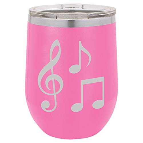 12 oz Double Wall Vacuum Insulated Stainless Steel Stemless Wine Tumbler Glass Coffee Travel Mug With Lid Music Notes (Hot-Pink)