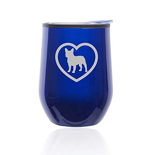 Stemless Wine Tumbler Coffee Travel Mug Glass With Lid French Bulldog Heart (Blue)