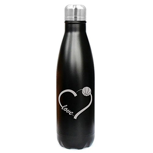 17 oz. Double Wall Vacuum Insulated Stainless Steel Water Bottle Travel Mug Cup Love Heart Basketball (Black)