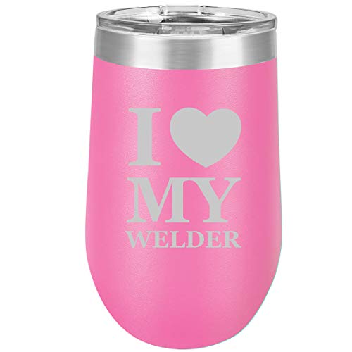 16 oz Double Wall Vacuum Insulated Stainless Steel Stemless Wine Tumbler Glass Coffee Travel Mug With Lid I Heart Love My Welder (Hot Pink)