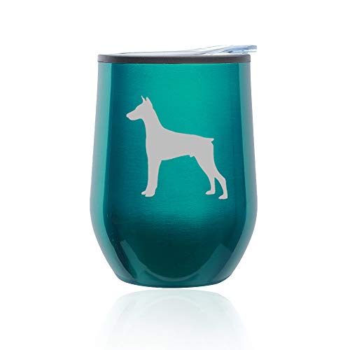 Stemless Wine Tumbler Coffee Travel Mug Glass With Lid Doberman (Turquoise Teal)