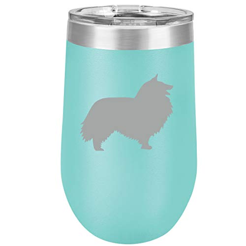 16 oz Double Wall Vacuum Insulated Stainless Steel Stemless Wine Tumbler Glass Coffee Travel Mug With Lid Shetland Sheepdog (Teal)