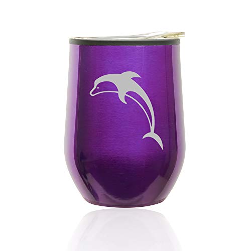 Stemless Wine Tumbler Coffee Travel Mug Glass With Lid Dolphin (Royal Purple)