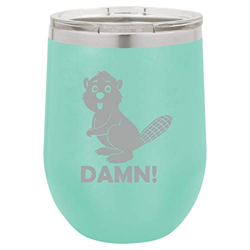 12 oz Double Wall Vacuum Insulated Stainless Steel Stemless Wine Tumbler Glass Coffee Travel Mug With Lid Beaver Damn Funny (Teal)