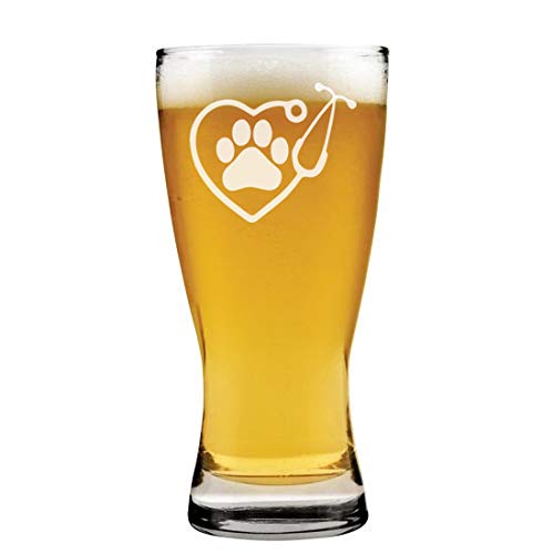 15 oz Beer Pilsner Glass Heart Stethoscope Vet Tech Veterinarian